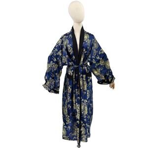 Vintage 90s Blue Gold Reversible Embroidered Black Dragon Kimono Robe